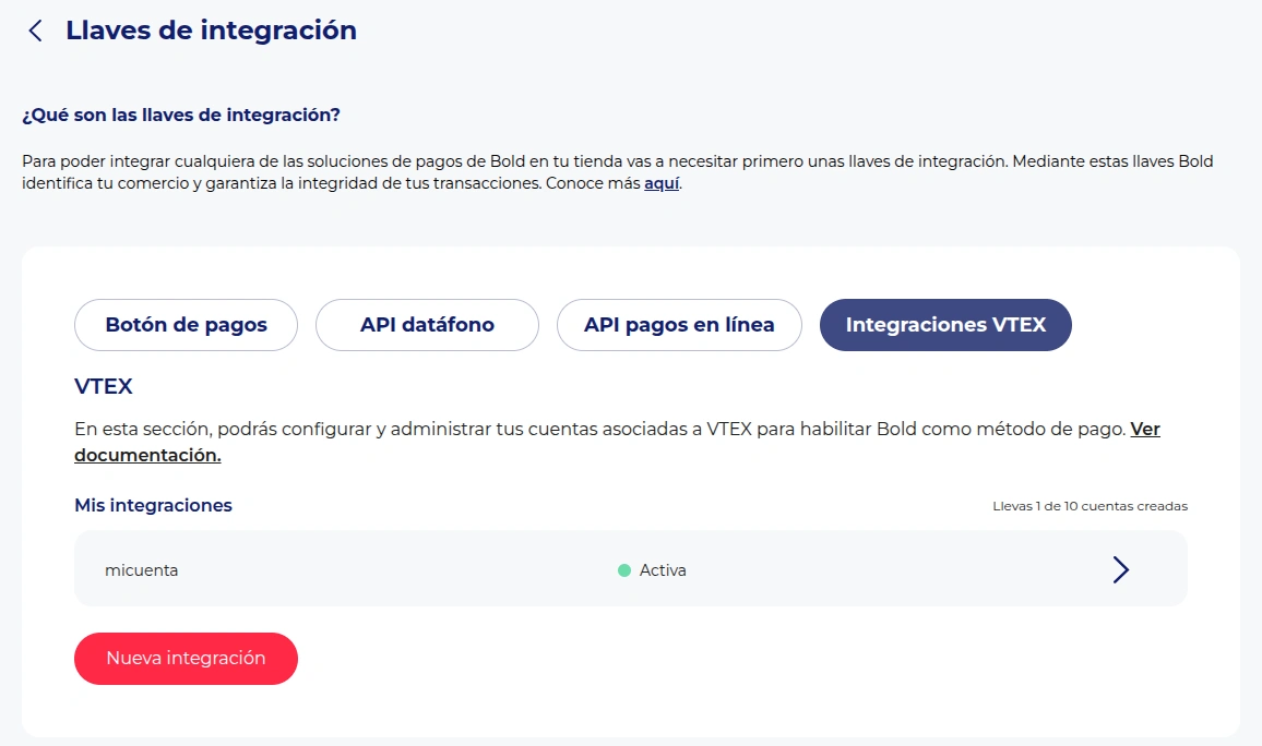 Integración VTEX agregada en Cuenta Bold