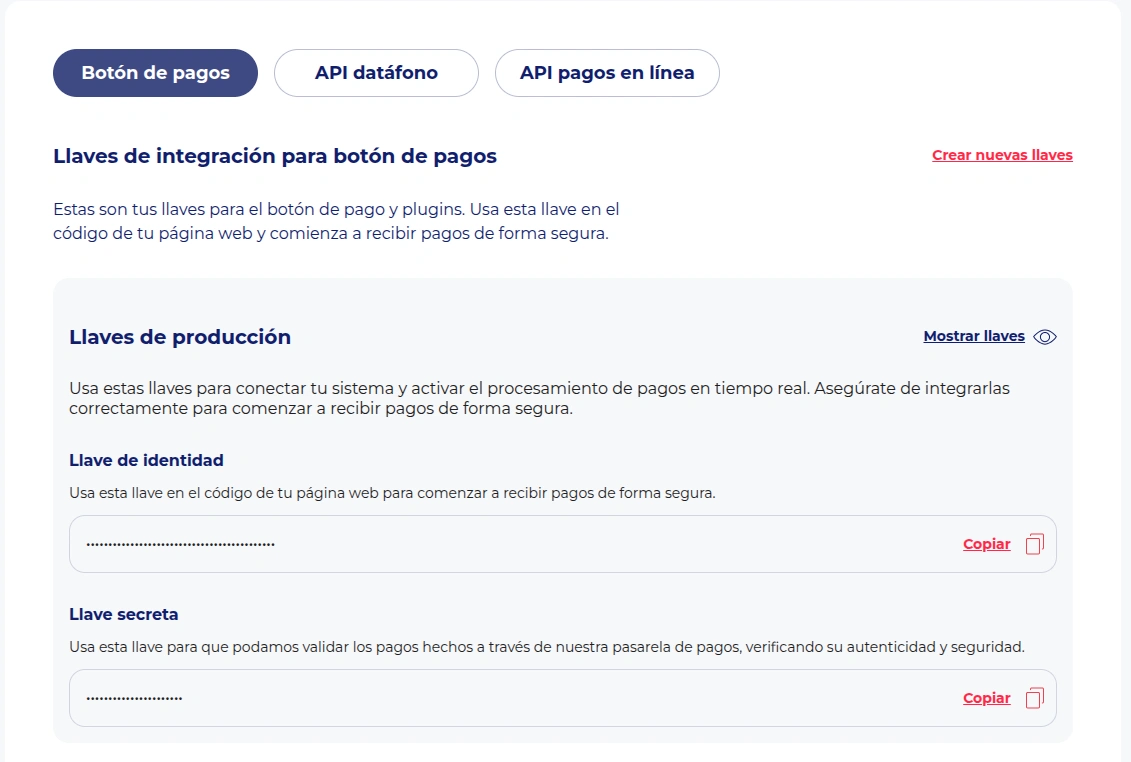 Llaves de integración Botón de pagos