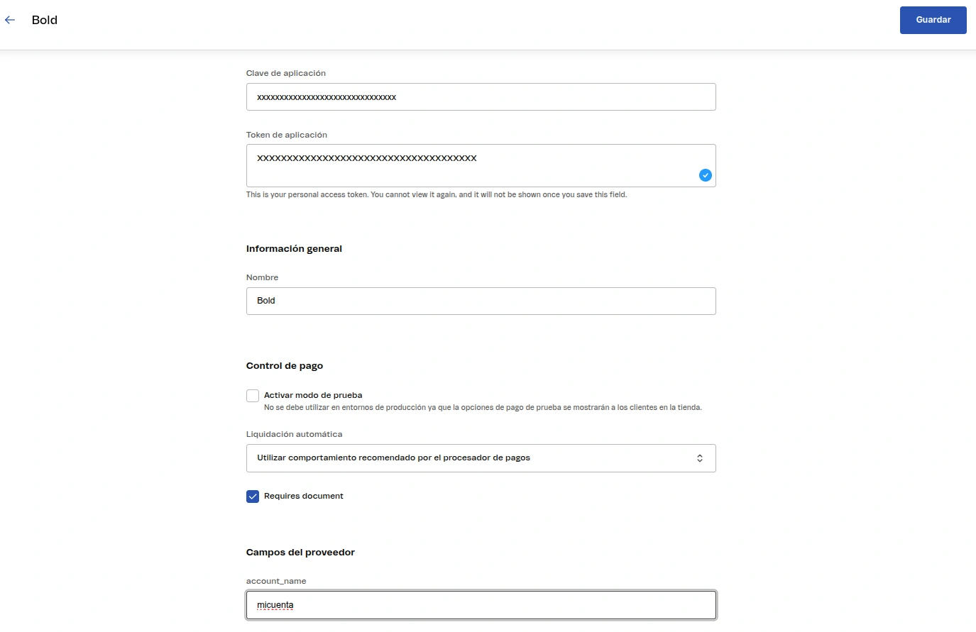 Proveedor Bold configurado