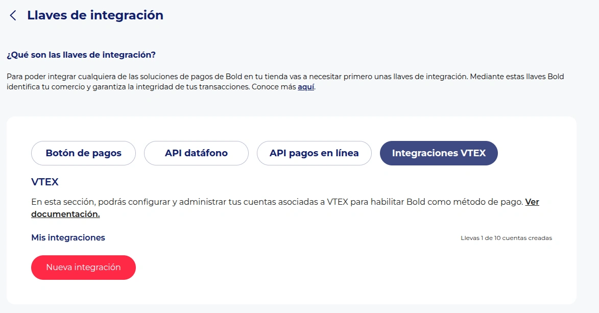 Sección VTEX en Cuenta Bold