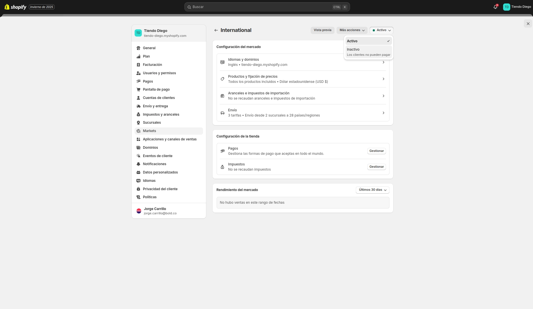 Activar mercado en Shopify