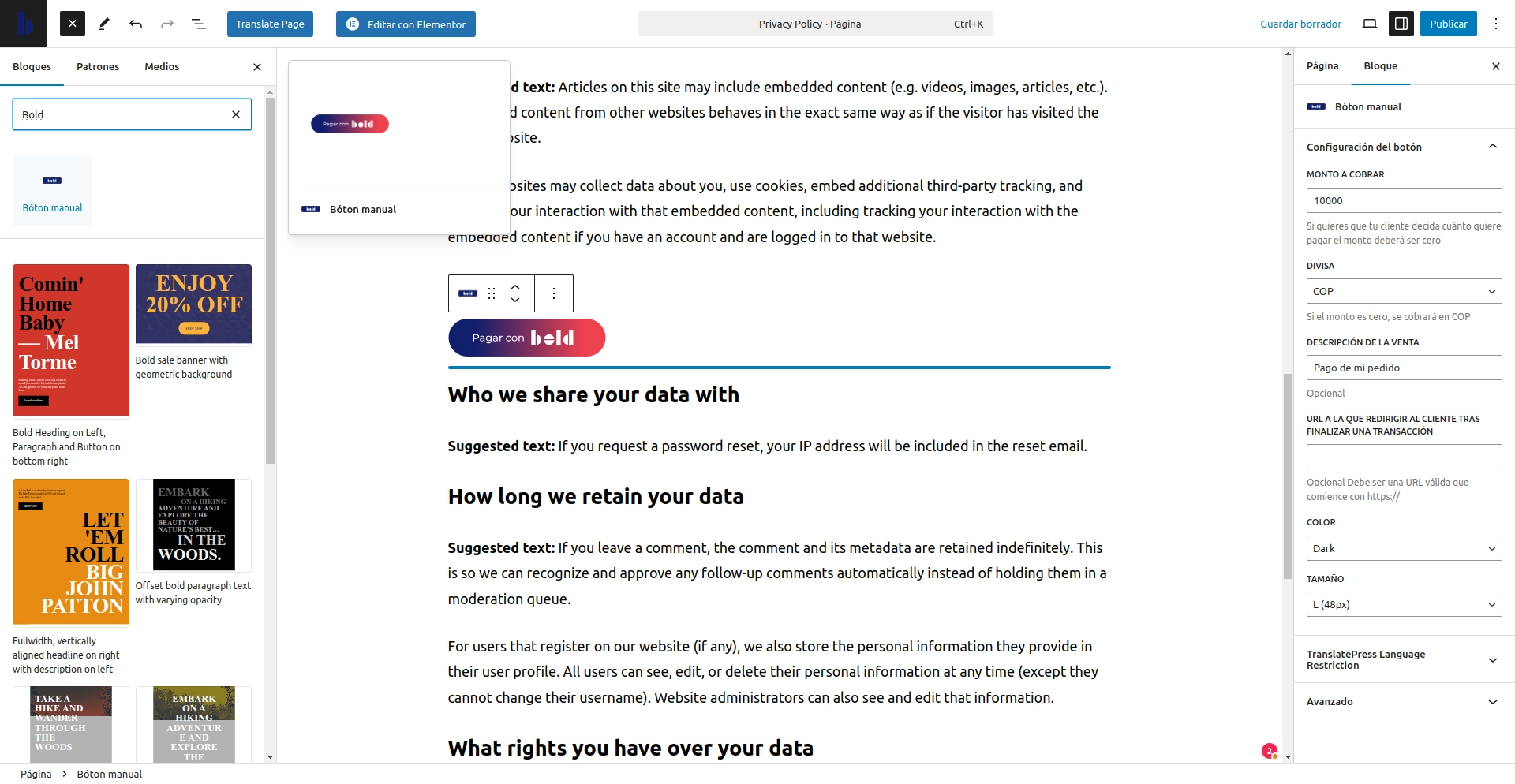 Botón manual de bloque