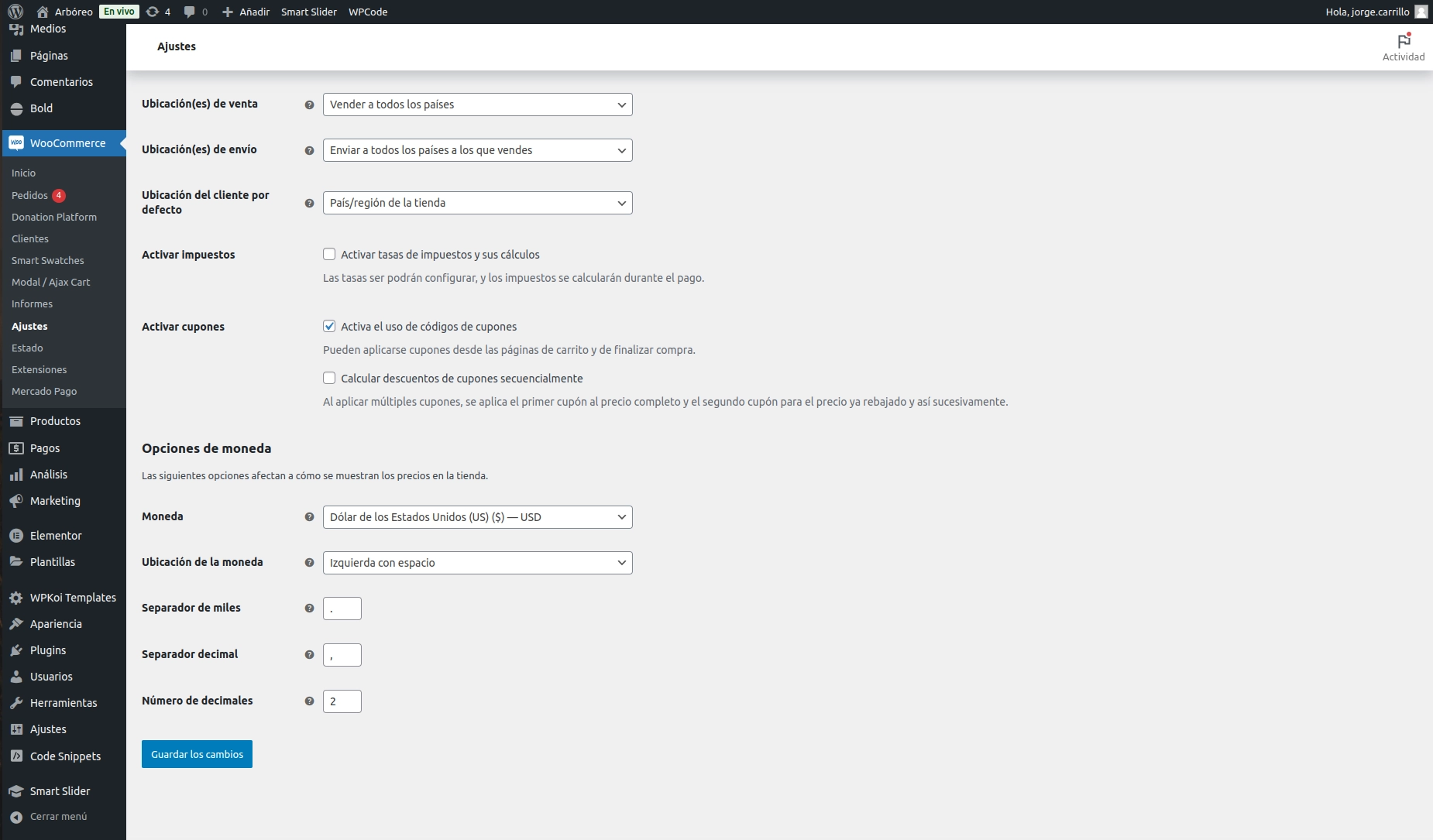 Woocommerce cambiar moneda