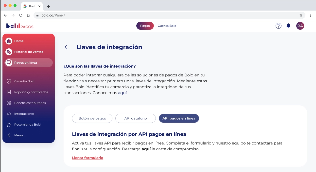 solicitar API pagos en línea